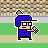 Pixel art animation of a blue-uniformed character with yellow cap performing actions on baseball field background, including throwing ball and changing text labels.
