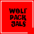 Red square icon with black text 'WOLF PACK GALS' and white border; top-right corner has a white heart, bottom-right corner has a white starburst symbol.