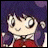Pixelated anime-style character with purple hair and red clothing, next to stylized text on a black background.