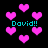 Pixelated pink hearts float against a black background with cyan text reading "David!!" in four locations.