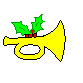 Yellow trumpet with holly sprig on top, static and animated versions side-by-side against gray background.