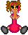 Pixel art contact sheet of a cartoon girl in pink dress with pigtails showing seven animation frames including heart and question mark effects.