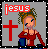 Pixel art buddy icon featuring a stylized female character with blonde hair and blue eyeshadow, wearing a red dress and blue pants, positioned next to a large red cross and the word 'jesus' in pixelated text on a gray background with black-and-white dotted border.