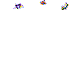 Pixelated cartoon characters with wings and antennae float against a gray background, some in the foreground holding colorful items.