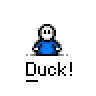 Animated contact sheet of a pixel art character in blue shirt with white face, performing actions alongside small yellow-green running figure and text "Duck!" on gray background.