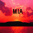 Pixelated sunset scene with orange and pink sky reflecting on water, black silhouette of landmass, and bold black text 'MIA' centered above horizon.