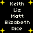 Black background with white text listing names Keith Liz Matt Elizabeth Rice in two , surrounded by yellow star shapes
