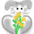 A pixelated gray rabbit with black eyes holds a yellow flower with green leaves inside a gray heart shape.