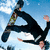 Pixelated figure in black wetsuit performing acrobatic flip against blue sky with white clouds, arms and legs extended in dynamic pose.