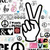 Pixelated static image of a white hand with black outline making peace sign, surrounded by scattered pixel clusters in gray, pink, blue, and brown tones.