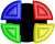 Nine circular icons arranged in a , each divided into four colored triangular segments with a black outline and shadow effect