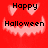 Red background with pixelated 'Happy Halloween' text and a smiling mouth; two heart shapes above the mouth in some frames.