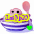 A cartoonish pink creature with large black eyes sits in a blue-and-white striped bowl holding a light brown spoon, with green heart-shaped accents on the bowl's sides.