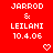 Red background with white pixelated text reading "JARROD & LEILANI 10.4.06" repeated in a pattern, each instance accompanied by a white heart symbol
