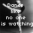 Black-and-white pixelated animation of a dancer in a high kick pose with overlaid text phrases changing across frames.