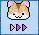 Pixelated hamster face with pink ears, brown and white fur, winking eye, smiling mouth, and three purple play buttons below on light blue background.