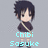 Pixelated chibi-style character with black spiky hair, dark shirt, light shorts, and diagonal strap, standing against gray background with cyan text below.