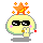 Pixelated yellow circular character with black sunglasses, pink cheek marks, and an orange star on its head; holds a cigarette in one pose and emits blue smoke in another.