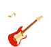 Red electric guitar with brown neck and white pickguard, surrounded by floating yellow and purple musical notes on gray background.
