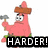 Pink starfish character wearing brown sombrero and green shorts, holding gray hammer with white handle against white background; same character on right has open mouth and dark red interior.
