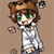 Pixelated character with brown hair, green eyes, and a white shirt holding a small red object against a brown background.