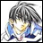Pixelated anime-style character with gray dreadlocks and blue hair strands, wearing a white and blue outfit, head bowed against white background.