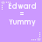 Purple background with repeated text 'Edward = Yummy' and star/dot patterns, showing animation changes in star positions.