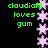Green text 'claudials loves gum' appears above a vertical of pink star-shaped pixels on a black background