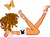 Pixelated cartoon figure with brown curly hair, orange limbs, and white shorts holding a black object while standing next to an orange arrow pointing right.