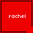 Red square icon with white lowercase text 'rachel' in pixelated font, four identical arranged in a
