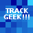 Blue pixelated background with four identical white text blocks reading TRACK GEEK!!! arranged in a