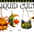 Pixelated image showing three hanging liquid containers with text labels above them on a white background.
