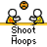 A 4x4 contact sheet of 16 animated frames showing a yellow stick figure performing basketball actions with orange-and-black striped balls on a gray background.