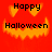 Red background with orange pumpkin face and black text reading 'Happy Halloween' in pixelated font.