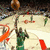 Animated sequence showing a basketball player in a green jersey shooting a ball, transitioning to a Celtics logo with a cartoon mascot.