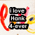 Pixelated icon with stacked text reading "I love Hank forever" in white letters on black rectangles, flanked by red curved shape and yellow circular object.