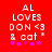 Red background with white pixelated text reading "AL LOVES DON <3 & cat" and pink asterisks below, two identical frames side-by-side.