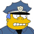 Yellow-skinned cartoon character in blue police uniform with peaked cap and badge, showing teeth in a strained expression.