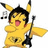 Pixelated Pikachu with black hair plays a black electric guitar, mouth open, against white and blue backgrounds with text overlays.