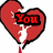 Four red broken heart icons with white cracks and black outlines, each containing a word in bold red text on a black background.