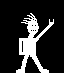 Pixelated white figure with spiky hair, square torso, and raised arm against black background; show slight pose variation