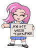Pixel art character with pink hair in various poses holding a sign reading "ANIME WEB TURNPIKE" or a pumpkin basket, wearing sailor-style or maid outfits.