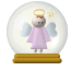 Pixelated angel figure in lavender robe with golden halo and star, inside snow globe with light blue wings and white base.