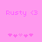 Pixelated pink text 'Rusty <3' on a solid pink background with five small heart icons below, two versions of the hearts differ in color intensity.