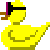 Animated yellow rubber duck with black and purple goggles, brown beak, green webbed feet, performing a sequence of turning its head left to right while holding a small figure.