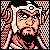 Pixelated static icon of a bearded man with stern expression, surrounded by red and white checkered patterns on black background.