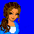 Pixel art buddy icon featuring a female character with brown hair in a ponytail wearing blue jacket and white top, standing next to text reading "SoftBall Chick!" on a solid blue background.