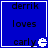 Blue background with black text reading 'derrick loves early' and a white pixelated Pac-Man icon on the right side.