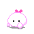 A 4-frame pixel art animation of a white round character with pink accents, showing different expressions and poses across frames on a gray background.