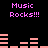 Pixelated text and audio visualizer bars on black background, with pink 'Music Rocks!!!' repeated across the image.